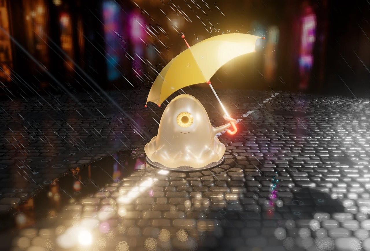 The cream-gel mascot smiling beneath a yellow umbrella, held by one curling arm on the rainy street