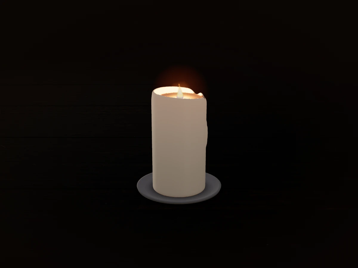 A lit ivory pillar candle with a melted rim and drips against a dark wooden table.