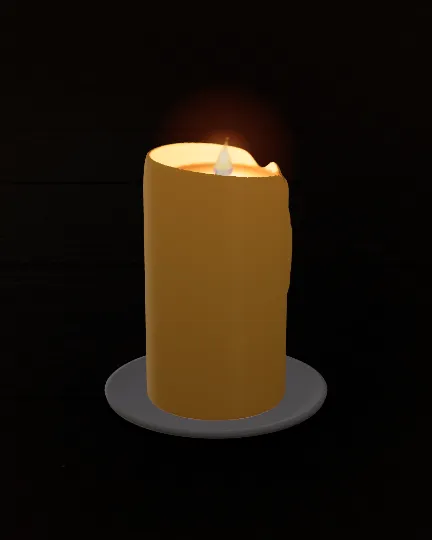 A golden pillar candle with a lit wick and melted rim on a plate.
