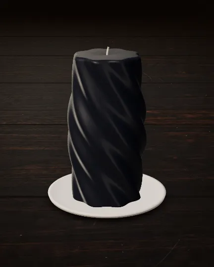 An unlit blue-black candle with deep twisting ribs and a narrow waist.