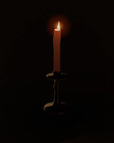 A slender red taper burning in a brass candlestick.