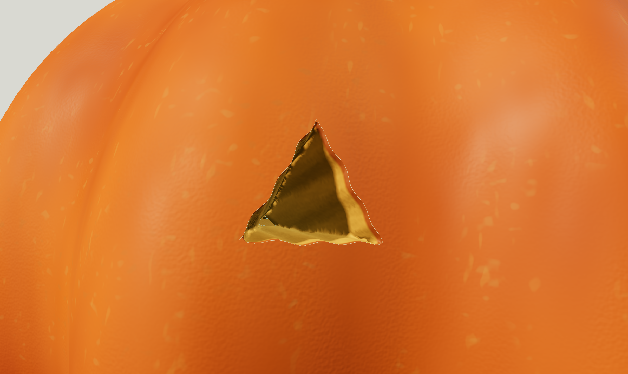 Close view of a triangular cut with an uneven outer boundary and visible knife-like variation along its yellow flesh walls.