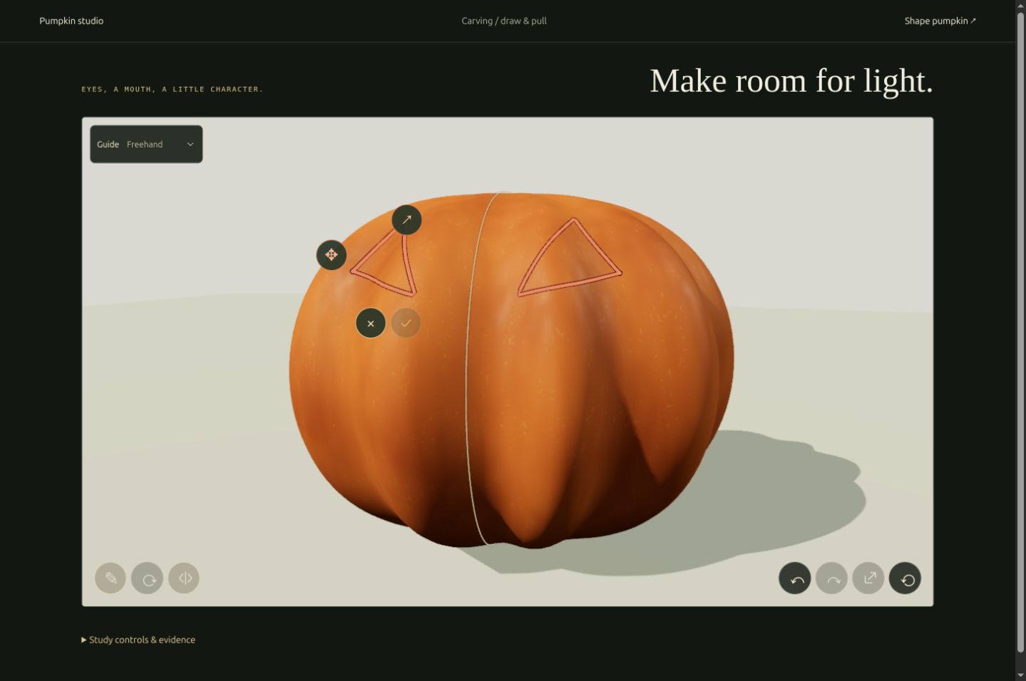 Two red mirrored eye outlines high on the pumpkin, where the solid shoulder prevents a through cut.