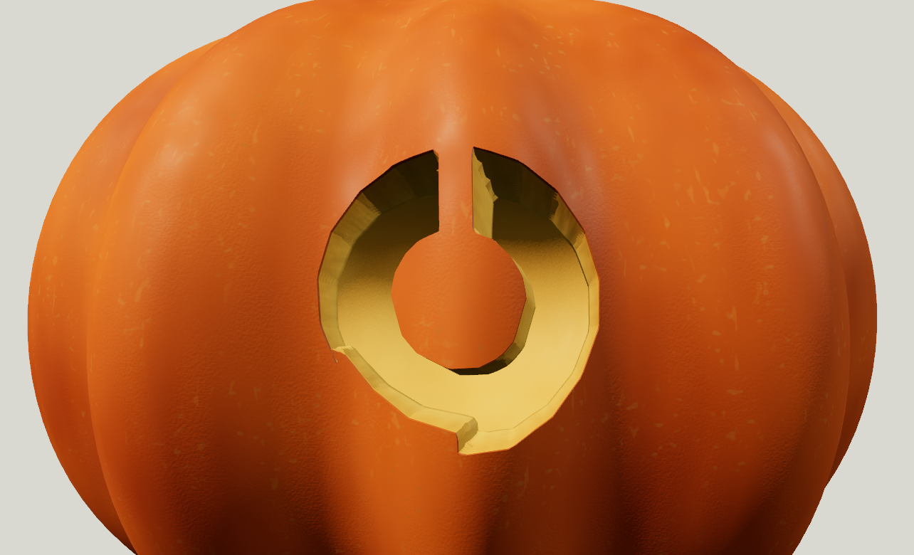 A shallow C-shaped eye cut leaves an orange pupil attached by a narrow bridge at the top, with an opening around it.