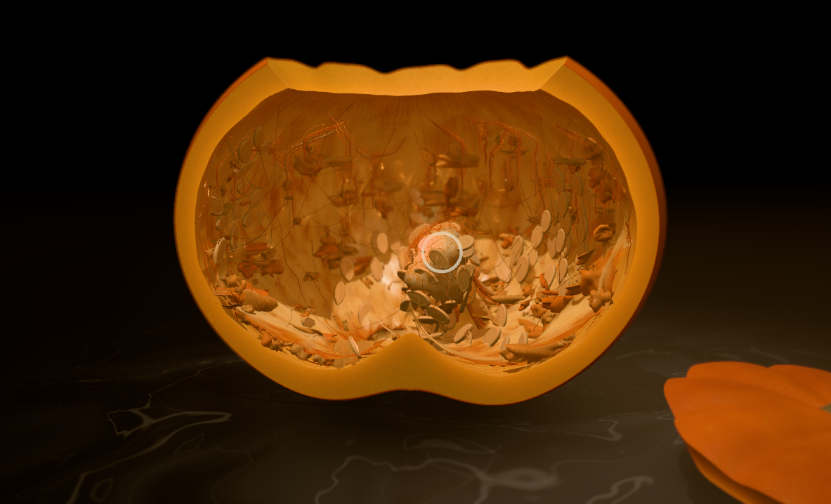 A cutaway pumpkin reveals the cavity, wall fibres, loose seeds and a clump held at the scoop.