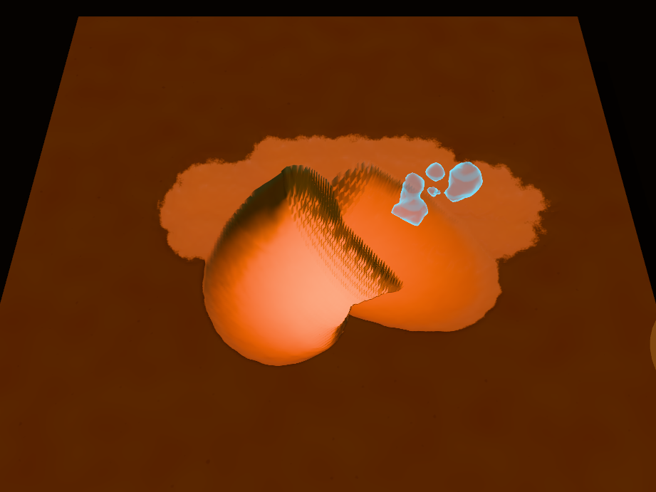 An etched shape in the slab under simulated backlight; thinner flesh glows more brightly than the surrounding skin.