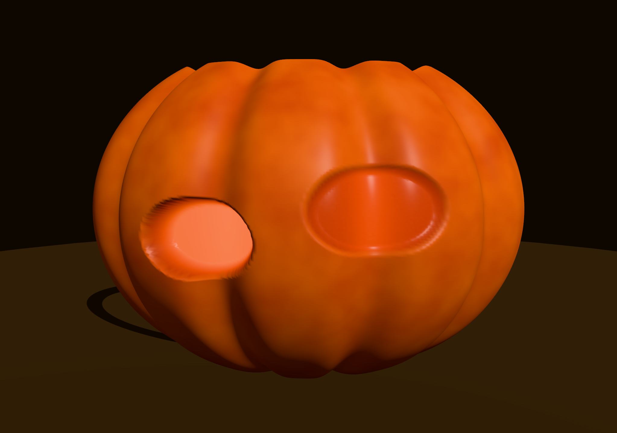 An internally lit pumpkin with two shaved patches: the deeper shave on the left glows more brightly than the shallower patch on the right.