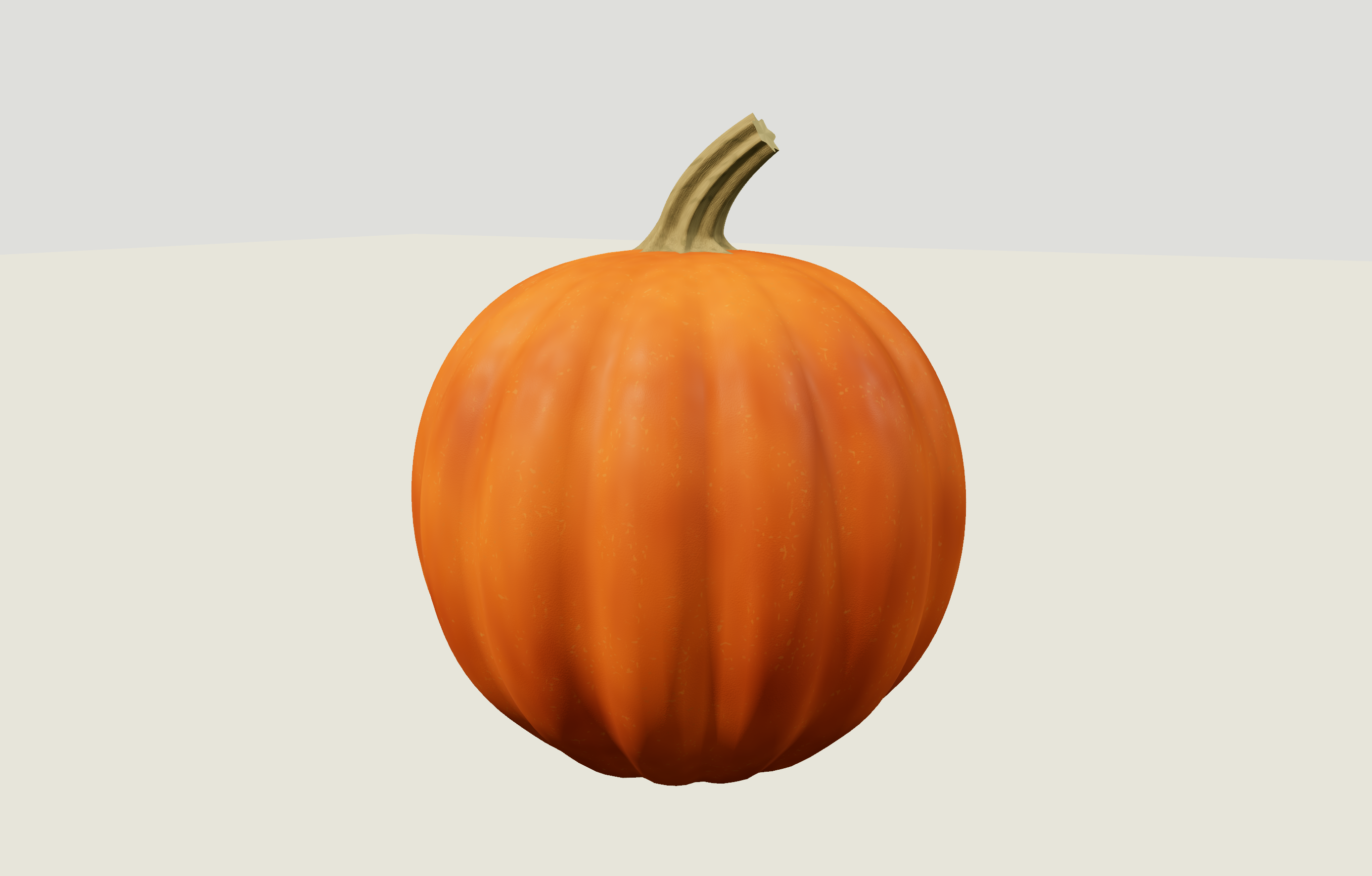 Orange pumpkin with a short ribbed stem leaning to one side, before an upper curl is added.