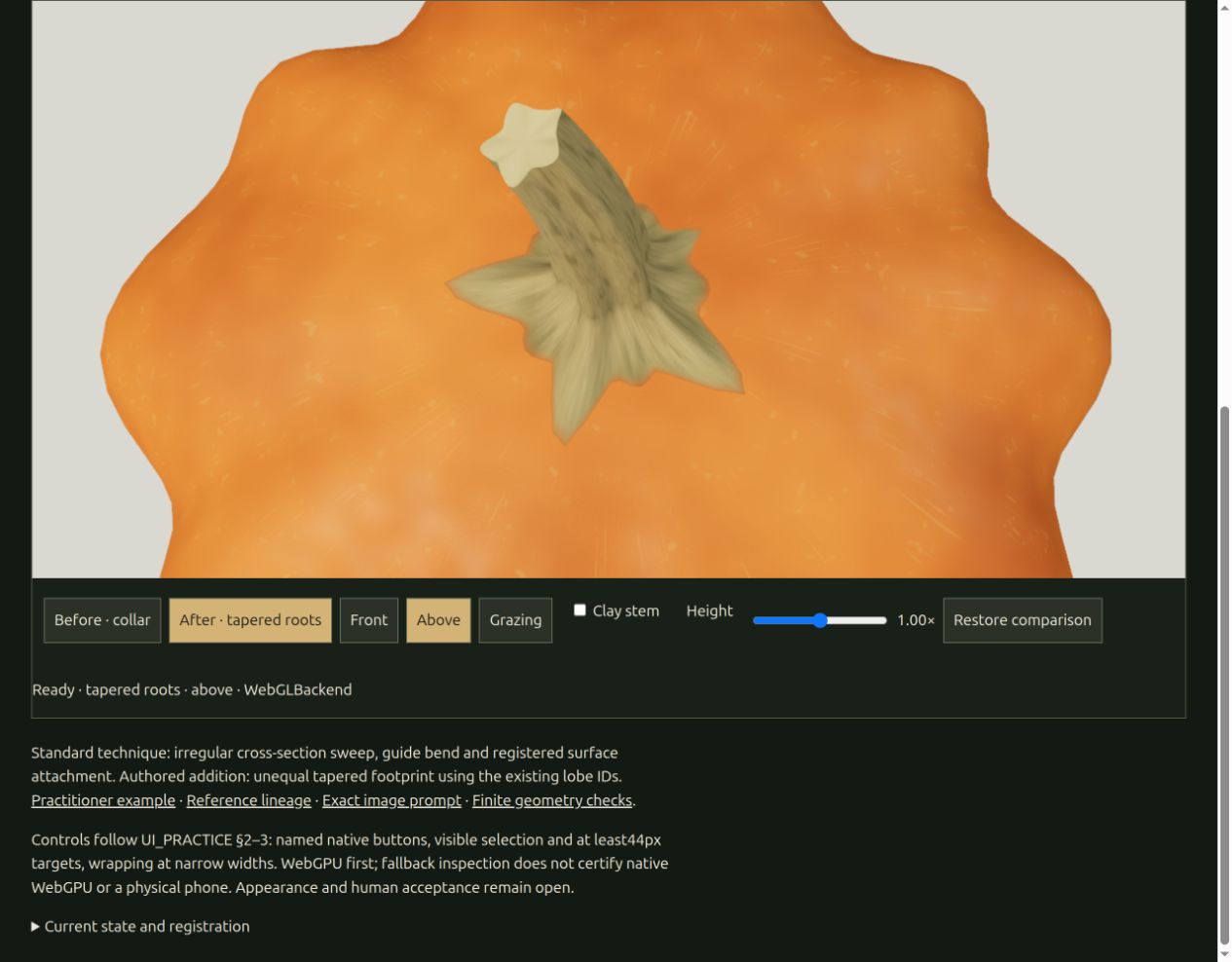 An above view of the stem study shows unequal tapered root extensions following the pumpkin’s orange crown and lobes.