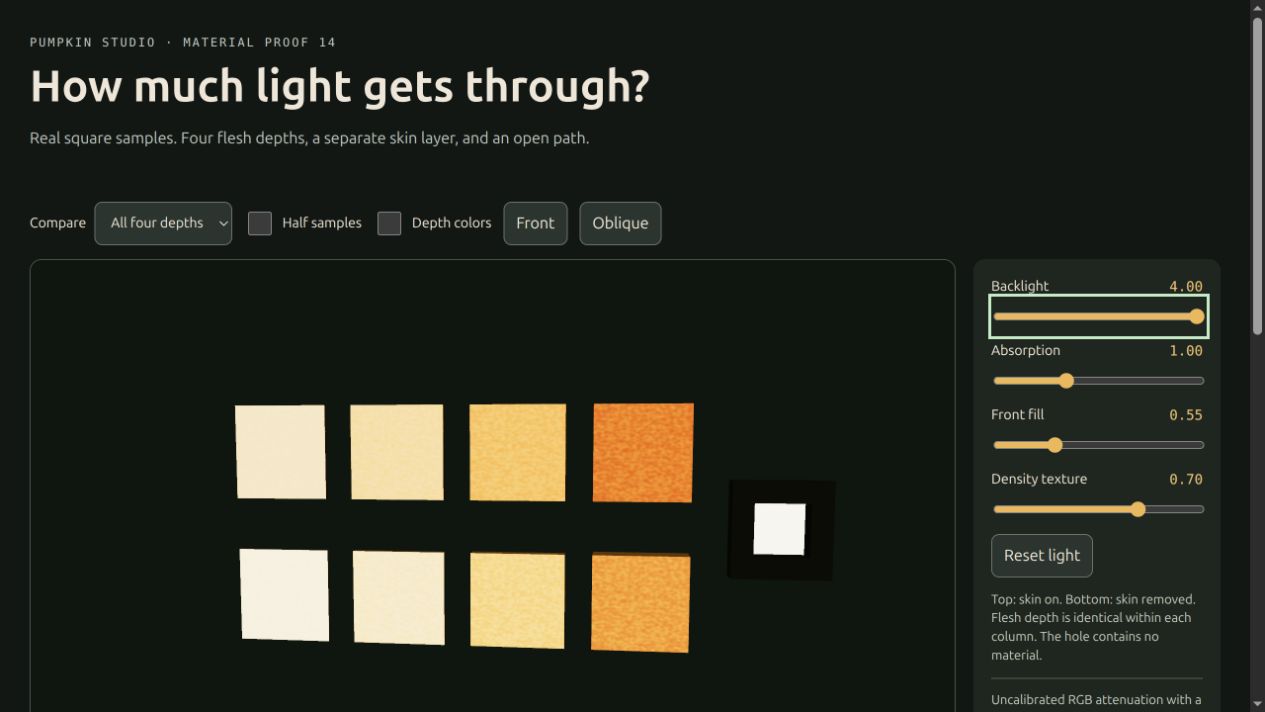 A backlight test with two rows of flesh samples at four depths and a separate open hole.