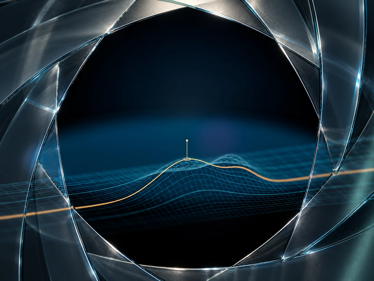 Generated glass iris reference with a broad top reflection and selected cyan edge catches