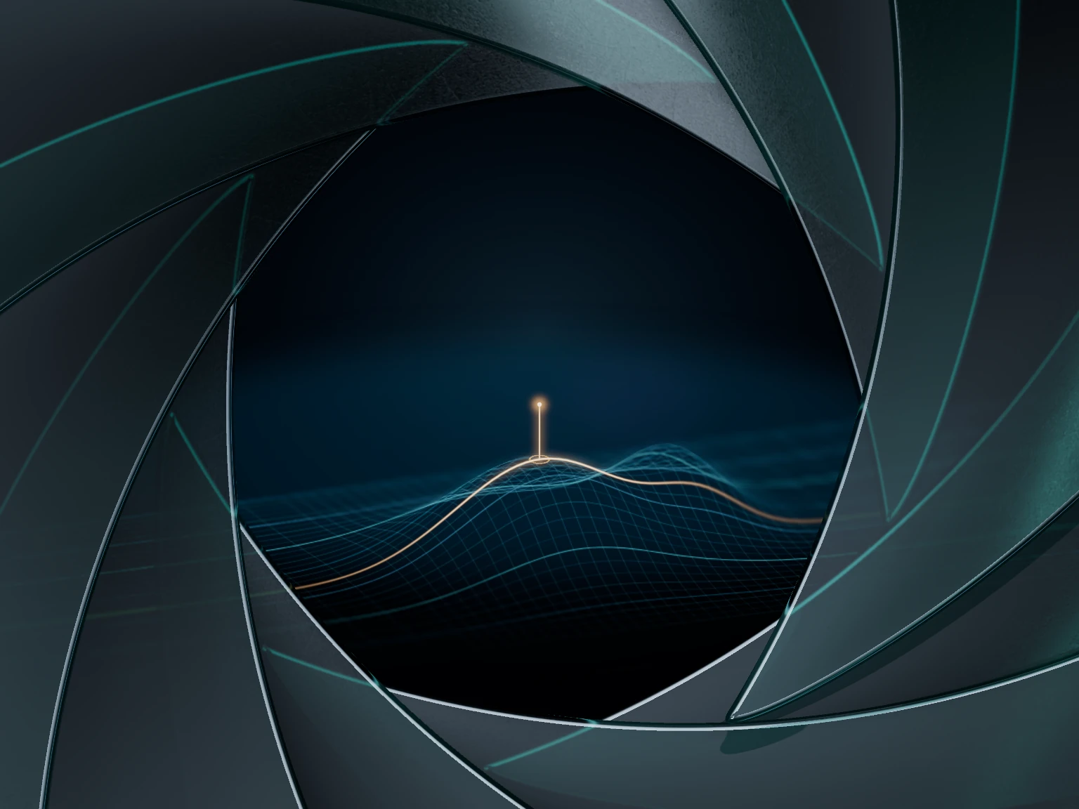 Swept glass iris blades around a single dark opening